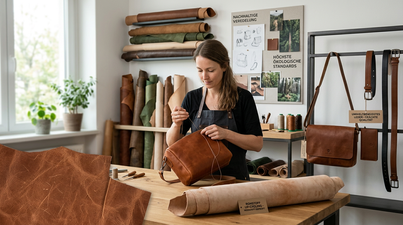 Echtes Leder und Handarbeit in Deutschland: Warum traditionelle Fertigung die nachhaltigste Wahl für Qualität ist. Frau vernäht handwerklich eine Tasche aus nachhaltigem Leder in einer Werkstatt für höchste Qualitätsstandards.