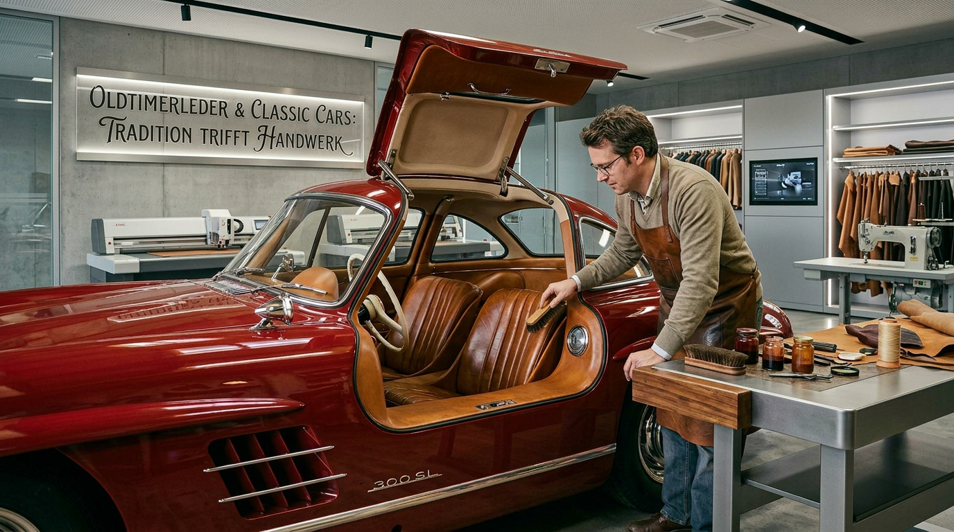 Oldtimerleder für Mercedes Classic Cars: Hochwertige Innenausstattung & Handarbeit für erstklassige Qualität und Patina. Sattler arbeitet an Mercedes Innenausstattung mit kopfgefärbtem Oldtimerleder für Classic Cars in Handarbeit.
