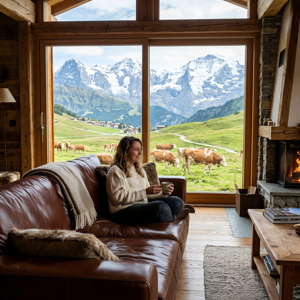 Frau auf braunem Rindsleder Sofa mit Bergblick. Hochwertiges Polsterleder für Ihr DIY Vorhaben und Möbelbau.