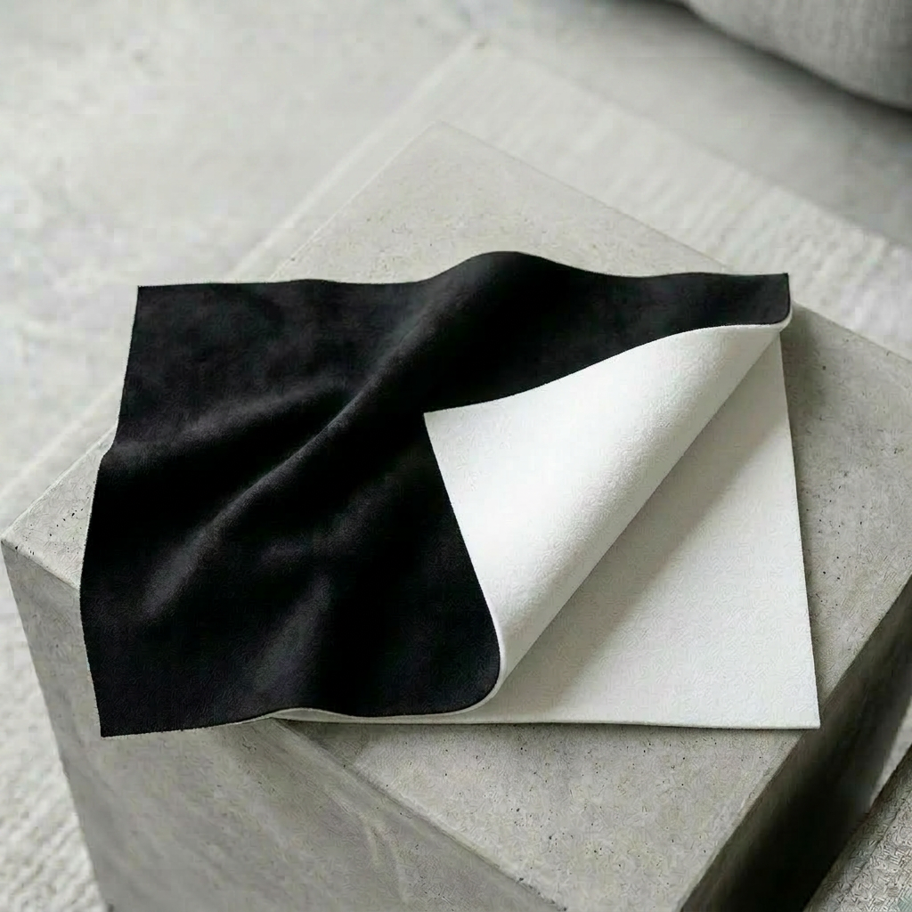 Alcantara SOFT Meterware in Schwarz mit weissem Schaumstoffruecken fuer die Polsterung von Dachhimmeln